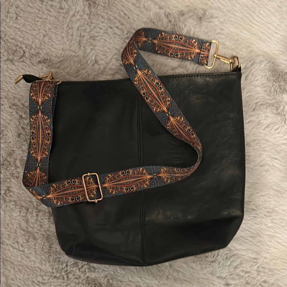 Black Faux Leather Purse with Colorful Strap